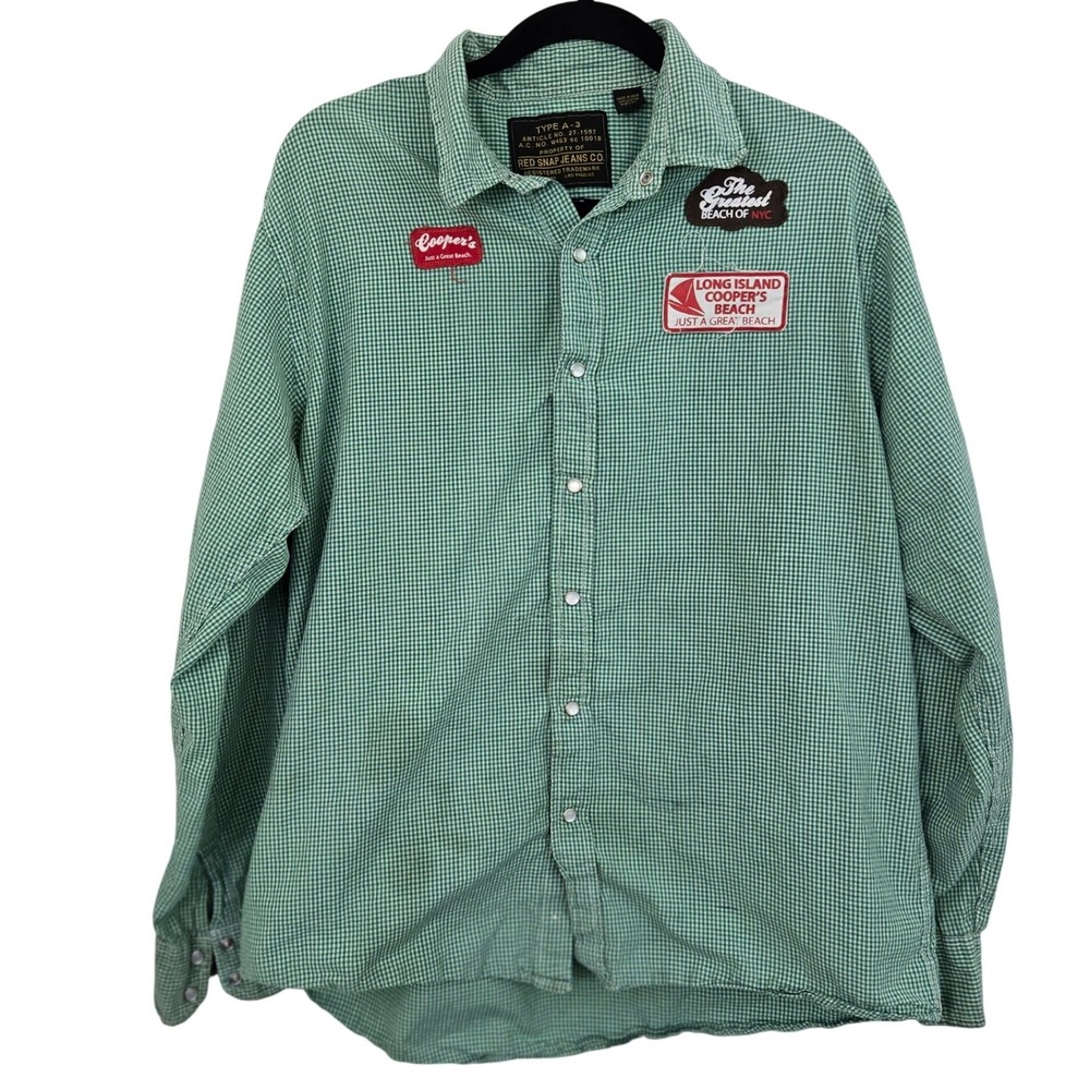 Red Snap Jeans Co Western Shirt Mens XL‎ Green Gingham Snap Front Patched Flawed